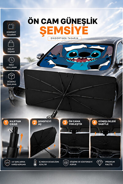 ALFAGİFT Stitch Şekilli Şemsiye Araç Güneşliği Katlanabilir Oto Ön Cam Güneşl...