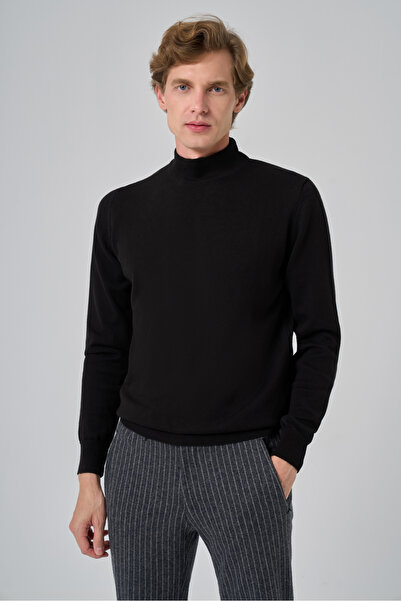 Morven Men's Black Basic Half Turtleneck Dynamic Fit Comfortable Cut Knitwear