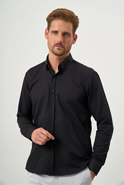 Morven Cămașă neagră Oxford pentru bărbați, slim fit, cu guler cu nasturi