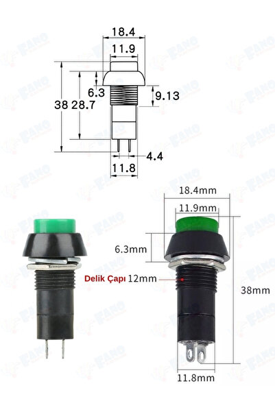 FANO (5 Adet)12mm 250V 3A Yeşil Basmalı PBS-11B Kendiliğinden Kilitlenmeyen Açma/Kapama Düğme Anahtar
