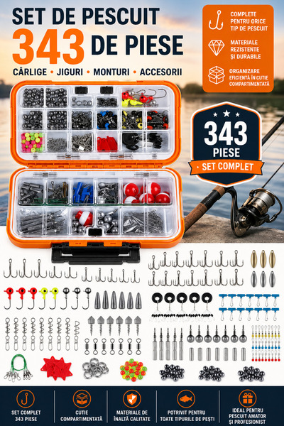Fish & Paws Set de pescuit cu 343 de piese, cârlige, jiguri, monturi, cutie c...