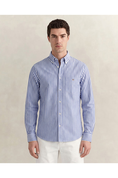 Gant Erkek Mavi Regular Fit Çizgili Logolu Gömlek