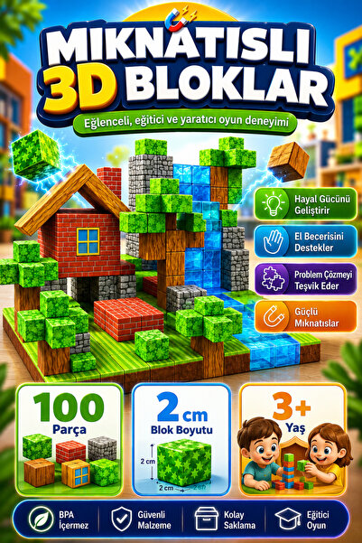 ABS Minecraft Manyetik Küp Bloklar 100 Parça Temalı Yapı Seti 3 Boyutlu Renkl...
