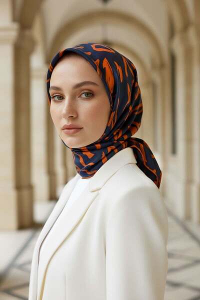 Vissona Eșarfă 100% mătase twill, imprimeu floral mare, bleumarin - portocali...