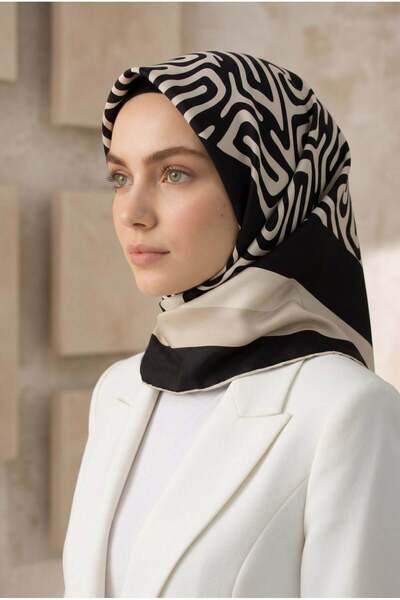 Vissona 100% Twill İpek Bordürlü Dalga Desenli Siyah - Krem Renkli 90x90 Diki...