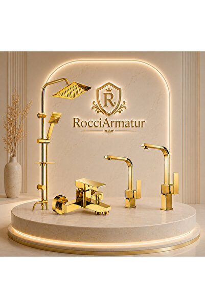 RocciArmatur 4’lü Batarya Seti Gold Altın Pirinç Kare Banyo Lavabo Mutfak Evi...