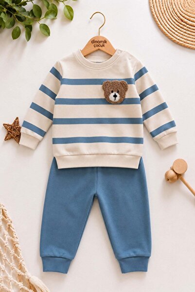 Striped Punch Teddy Bear Shoulder Snap Fastener Baby Set 2pcs Bottom Top Seasonal Monthly 3-6-9-12months