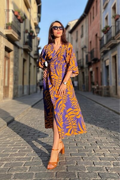 SUN BUTİK فستان ميدي برتقالي بنفسجي منقوش بفتحة أمامية