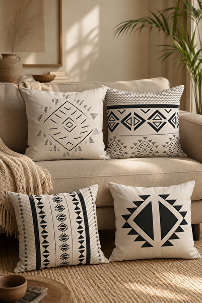 Belle Benoit Modern Ecru Black 6-Piece Double-Sided Printed Rectangular 30X50 and 43X43 Square Throw Pillow Cover Set
