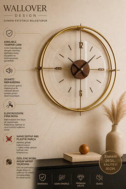 Wallover Design Jumbo Modern Sessiz Duvar Saati – Gold/Ceviz Detaylı, Quartz ...
