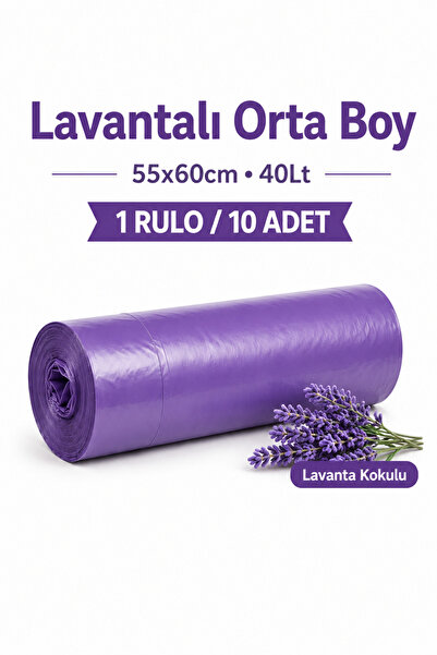 naft 1 Rulo Çöp Torbası Büzgülü Orta Boy Lavanta Kokulu 10'lu Kalın 55x60 Çöp...