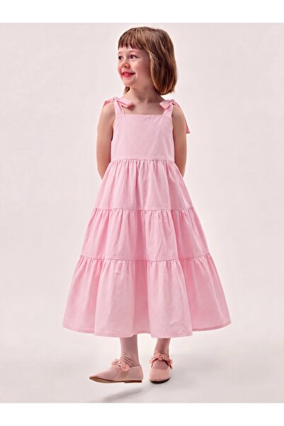 Tinymuyt Girl's Flounced Shoulder Lace-Up Woven Dress Pink
