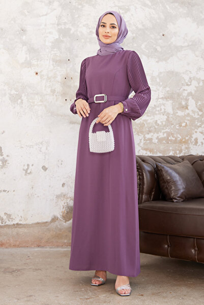 VAVİNOR Pleated Dress with Sleeves - Lilac
