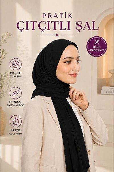 Loggia Hazır Pratik Çıtçıtlı Şal Sandy - Geçmeli Geçme Tesettür Kadın Shawl S...