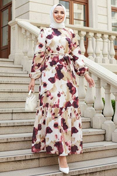 N.S NEVA STYLE Φόρεμα με σχέδιο μπορντό Hijab 12602BR