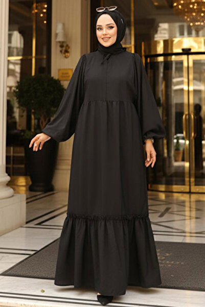 Neva Style Balon Kol Siyah Tesettür Poplin Elbise 57341S