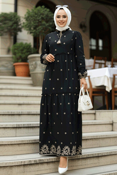 Neva Style Rochie neagră hijab cu modele florale 1381S