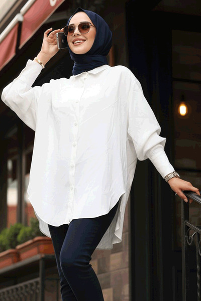 Neva Style Cămașă Hijab Ecru cu spatele lung 10236E