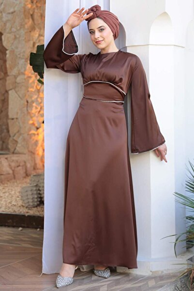 N.S NEVA STYLE Satin Brown Hijab Evening Dress 61592Kh