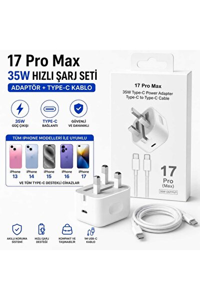 İPhone 17 Uyumlu 17 / 17 Pro / 17 Pro Max 35W UK Type-C Hızlı Şarj Adaptörü Seti