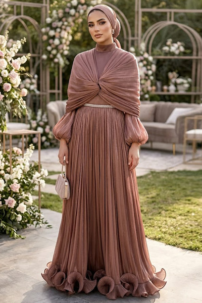 N.S NEVA STYLE فستان سهرة بني بتفاصيل منسدلة 56371KH