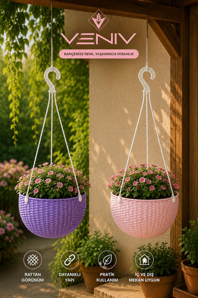 VENİV 2’li 2 Litre Alt Tabaklı Askılı Rattan Saksı Seti | Dekoratif ve Şık Ta...