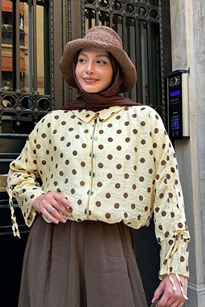 Modaensarbutik Puantiyeli Kısa Crop Bomber Ceket-SARI
