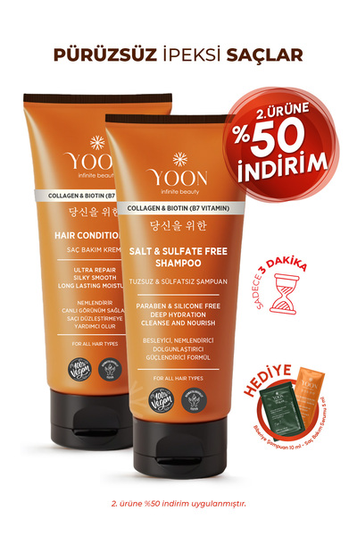 YOON Vegan Tuzsuz Şampuan 250ml & Saç Bakım Kremi 200ml Sülfatsız, Kolajen, B...