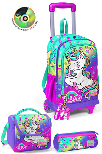 Coral High Kids Lavanta Su Yeşili Unicorn Desenli Çekçekli 3’lü Okul Çanta Se...