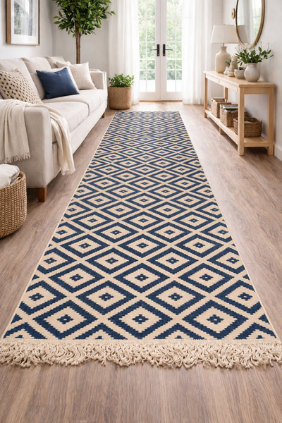 Horecahome Covor tesut, cu doua fete, dimensiunea 80x300cm albastru si crem