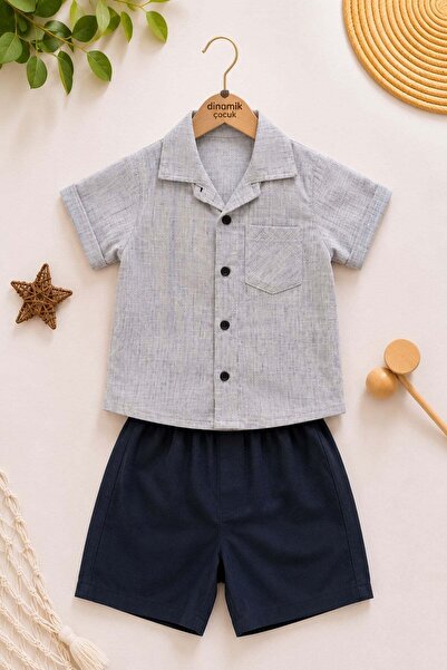 dinamik çocuk Boy's Thin Summer Short Sleeve Shirt with Satin Shorts 2 Piece ...