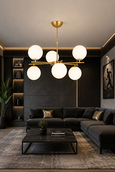 ESSLİGHT Elsar 6’lı Eskitme Beyaz Camlı Modern Salon Mutfak Yatak Odası Avizesi
