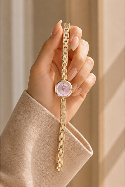 Boris Accessory Kadın Gold Yuvarlak Kasa Pembe Kadran Saat - Zarif İnce Minim...