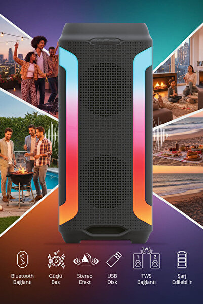 Piranha 7897 Kablosuz Partybox RGB Işıklı Bluetooth TWS Kule Hoparlör | 5 Farklı Işık Modu | USB Disk Girişi