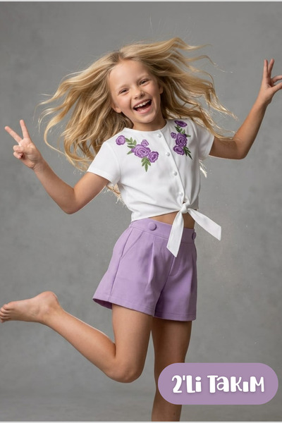 Hilal Akıncı Kids Set de 2 piese pentru fete, cu broderie, cămașă albă cu buz...
