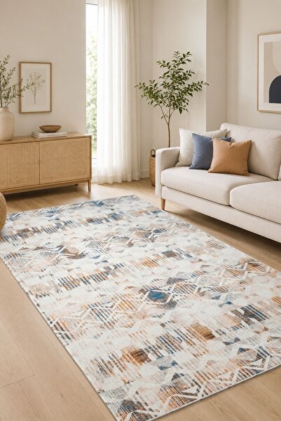 Serente Home Modern Desenli Yıkanabilir Kaymaz Taban Beyaz Turuncu Mavi Şönil...
