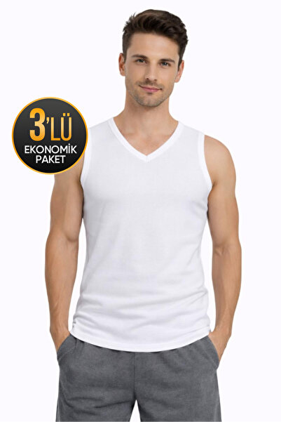 Çift Kaplan Men's White 3-Piece Rib V-Neck Sleeveless Undershirt 921
