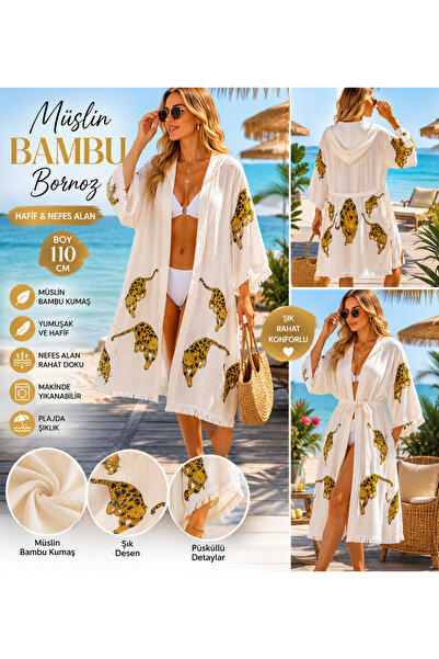 Store Kapüşonlu Müslin Kimono Bornoz – Leopar Desenli %100 Pamuk Plaj, Spa ve...