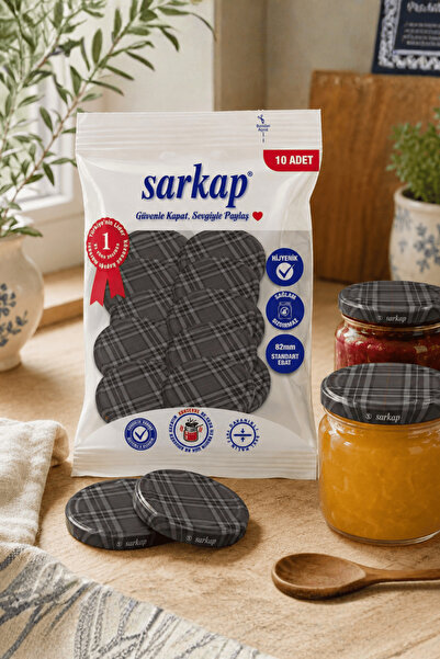 Sarkap Hijyenik Paketli 10 adet Kavanoz Kapağı – Gri Ekose Model – 82 mm