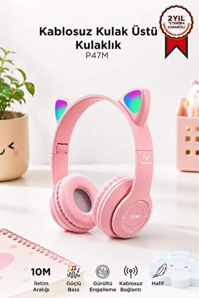 Torima Bluetooth Kulaklık Kulak Üstü Kedi Figürlü Kablosuz Kulaklık P47M Pembe