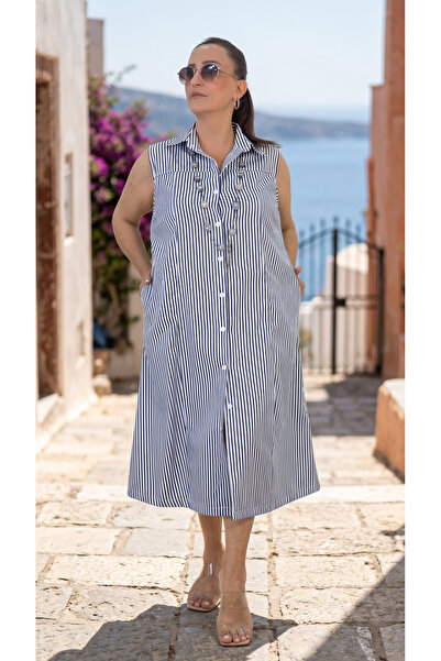 yagmurberen Front Buttoned Shirt Collar Jopone Sleeves (Sleeveless) Striped P...