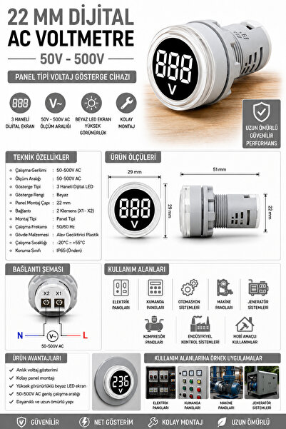 TIANYI Dijital Voltmetre Ac 50-500v - BEYAZ