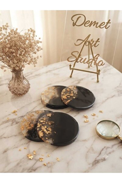 Demet Art Studio Reçineye Hayat Veriyoruz Epoxy Black Gold Foil Round Coaster...