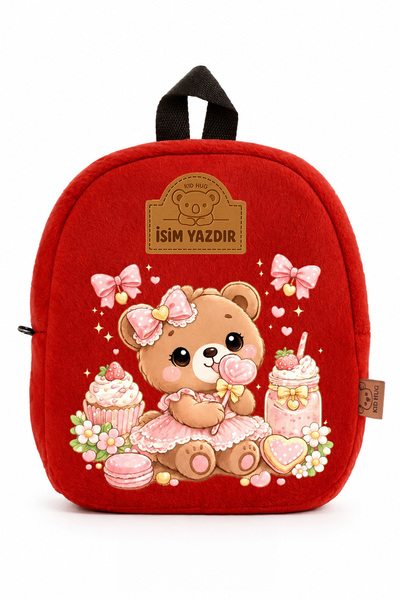 KidHug İsme Özel İsim Nakışlı Ayıcık Figürlü Peluş Çocuk Sırt Çantası Kız Erk...