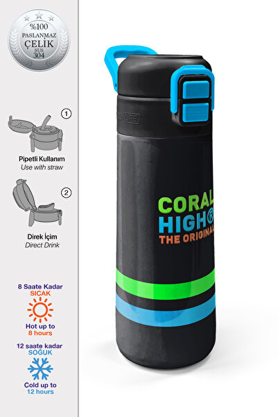Coral High Kids Siyah Pipetli ve Direkt İçim Çelik Termos 500 ml 31929