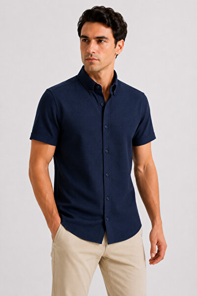 FSR FUSARO Erkek Gofre Kısa Kollu Slim Fit Gömlek Düğmeli Yaka Yazlık
