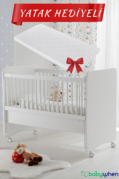 Babywhen Bebek Beşiği Beyaz Tekerlekli Anne Yanı + Yatak Hediyeli 60x120 BW1065
