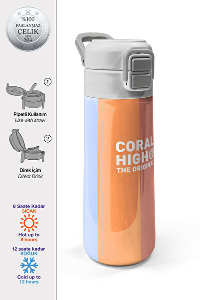 Coral High Kids Renkli Çizgili Desenli Pipetli ve Direkt İçim Çelik Termos 50...