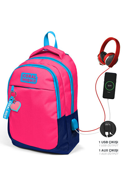 Coral High Kids Neon Mercan Üç Bölmeli Usb Şarjlı Kulaklık Çıkışlı Sırt Çanta...