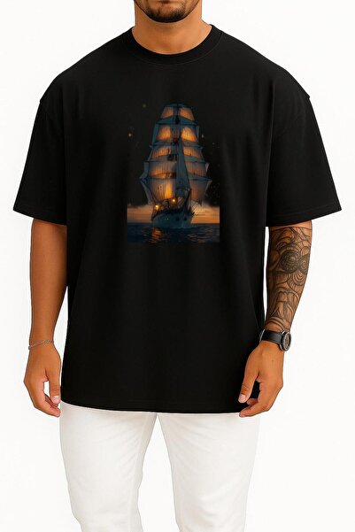 Bahriyeli Collection Oversized Sailing Boat Chest Design Unisex T-Shirt